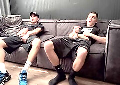Two college guys have a wank session and shoot their loads