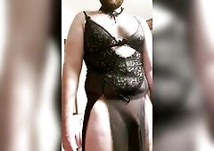 Bushy crossdresser loves to swing and show his wang