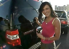 Eye-catching girls look for a car after interracial group sex