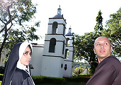 Naughty black nun rides a big hard cock in the yard