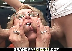 Working mature woman swallows two cocks for money