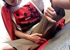 Stud jerks off solo wearing only red socks and sneakers