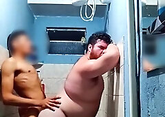 They gripped the plump dude in the douche at the soiree and boned him until they came inwards him.