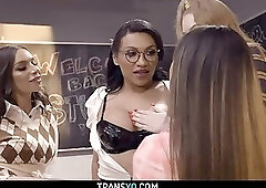 Tranny teacher Jessy Dubai fucks three hot students in the classroom