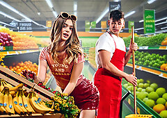 Short babe with long legs seduced the worker at the store