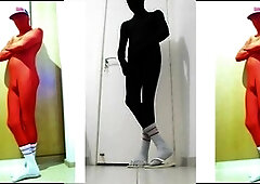 Joy at home in a sexy ebony zentai outfit