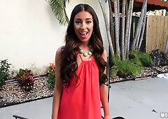 Tony Cameron, Tony Rubino And Cameron Canela In Cute Brunette In Pink Dress Gives Dude A Deep Blowjob