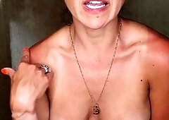 Amateur cougar MILF with small boobs is jerking cock