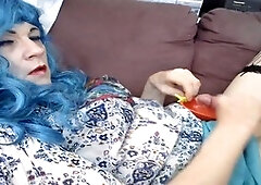 Miss Blue slurping her own pee and cum just for you