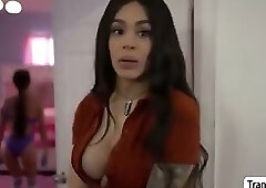 Busty shemale maid jerks off while her boss is getting naked.After that,she puts the head of