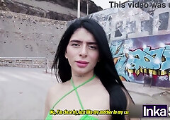 Peruvian-Colombian Latina with long black hair takes a dark-skinned tattooed man deep inside on a gray sofa