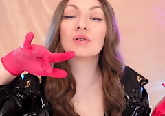 Curvy nurse Arya Grander teases in pink latex gloves with ASMR paper play