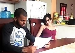 Cute brunette teen fucks a big black cock and gets creampied