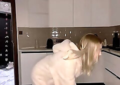 Russian Blonde Teases in Fur Coat Kitchen Webcam Show