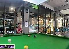 Cute Asian shemale teen Green plays a game of pool and blowjob with anal sex after once back in the hotel room with her horny tourist! Green has the b