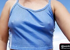 Braless Watering and Playing with Perky Tits on Public Beach
