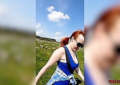 Easter walk with busty MILF Red XXX: topless & big tits bouncing