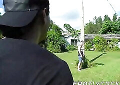 Helpless young man raw impaled by his stepdad outdoors