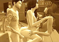 Retro clip of a wild group orgy at a cafe