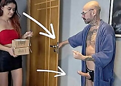Delivery hotty kept an eye on the old pervert's erection!
