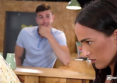 Tempting brunette experiences intense missionary with massive dick inside raunchy hostel