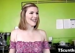 Busty transgender babe drills tight asshole