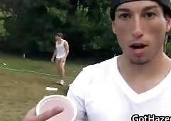 Great group sex video with twinkie guys banging outdoor