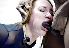 Julia looks completely breathtaking this day! With a gag in her throat and her hands fastened, things get serious right away after a quick greeting! T