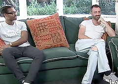 GILF in leather harness takes on 2 meaty cocks