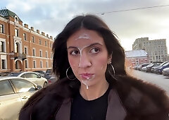 Perverted Russian slutty babe Katty West jerk off a stranger in a car and got his semen on a face