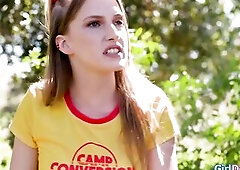 Camp leader Sophia Locke relives her time in camp conversion.The redhead teen and her gf didn’t wanna comply and the gfs licked and scissored