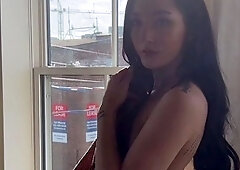 Busty curly brunette with big boobs fucks on couch