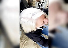 Bitch loses wager and sucks penis in the bush