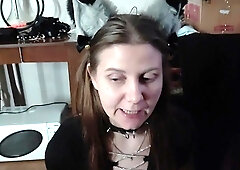 Sexy kitty eats from a bowl and licks her master's feet -