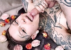 Split tongue playing with dong tip eye contact 4k movie scene cum on face