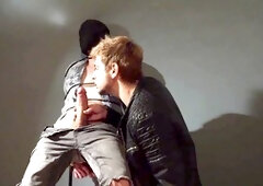 Sloppy blowjob, strapped, gay cumshot