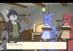 Two lizard women share a wolf man in a dungeon threesome with face sitting and oral