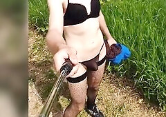 Walking in the park in sweethearts's underclothes and nylons