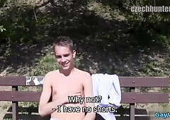 Watch this hot babe take on two horny guys bareback and take a hot load in mouth