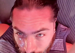 SELF FACIAL CUMSHOT on my camper, Fellating my own nads & manmeat