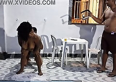 This chab ate the cuckold's wife in the pool.