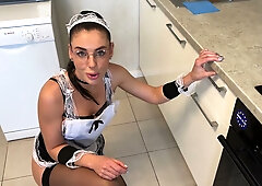 Maid in glasses seduces her employer with a handjob and anal tease on the kitchen table