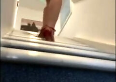 Silly sissy in stilettos nearly too high with plugged snatch