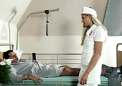 Teen nurses screw old older man in a fake hospital couch and give sloppy oral-job