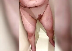 Chunky sissy cross-dresser pissing in wife’s pants