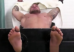 Bound muscular dude tickled and tormented by deviant master