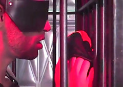 Blindfolded gimp pleases his master