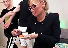 Buxom cougar double teamed by young studs in hot threesome