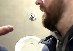 hot bear sucking daddys dick on a public toilet