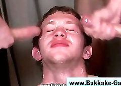 Horny amateur bukkake boy sucks lots of dick